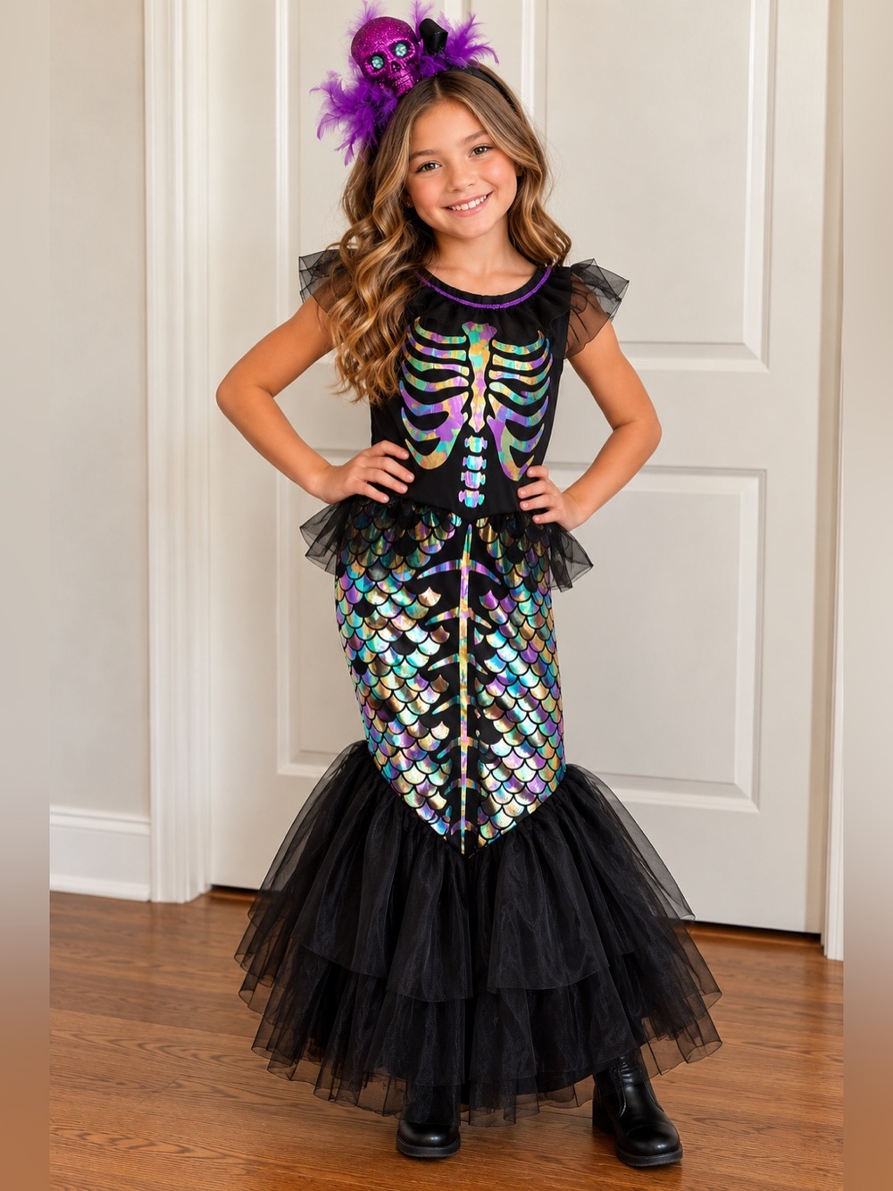 Girls Skeleton Mermaid Costume L 10-12 + Skull Headband Halloween NWT